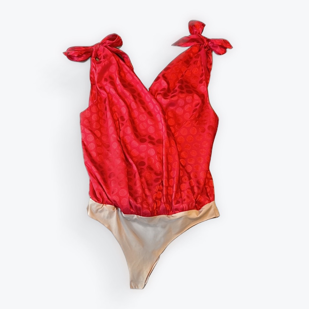Red Polka Dot Bow Tie Strap Women's Bodysuit Size M